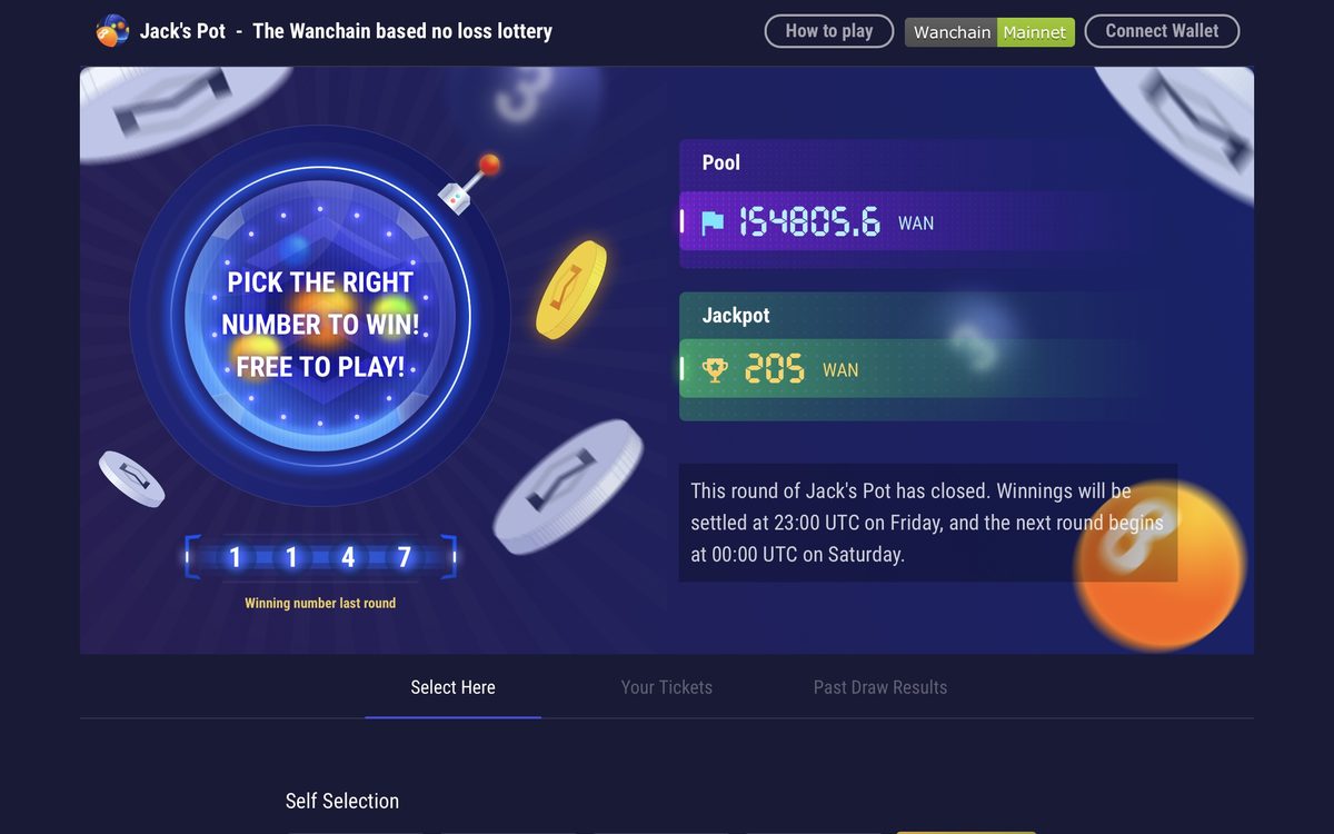 Screenshot of Jack's Pot, no loss WAN lottery on Wanchain