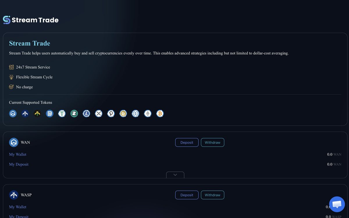 Screenshot of Stream Trade, dollar cost averaging on Wanchain