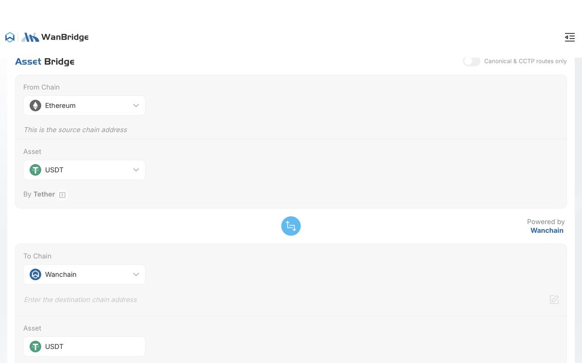 Screenshot of WanBridge, bridge native tokens on Wanchain