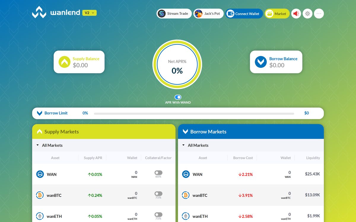 Screenshot of WanLend, lend and borrow crypto on Wanchain
