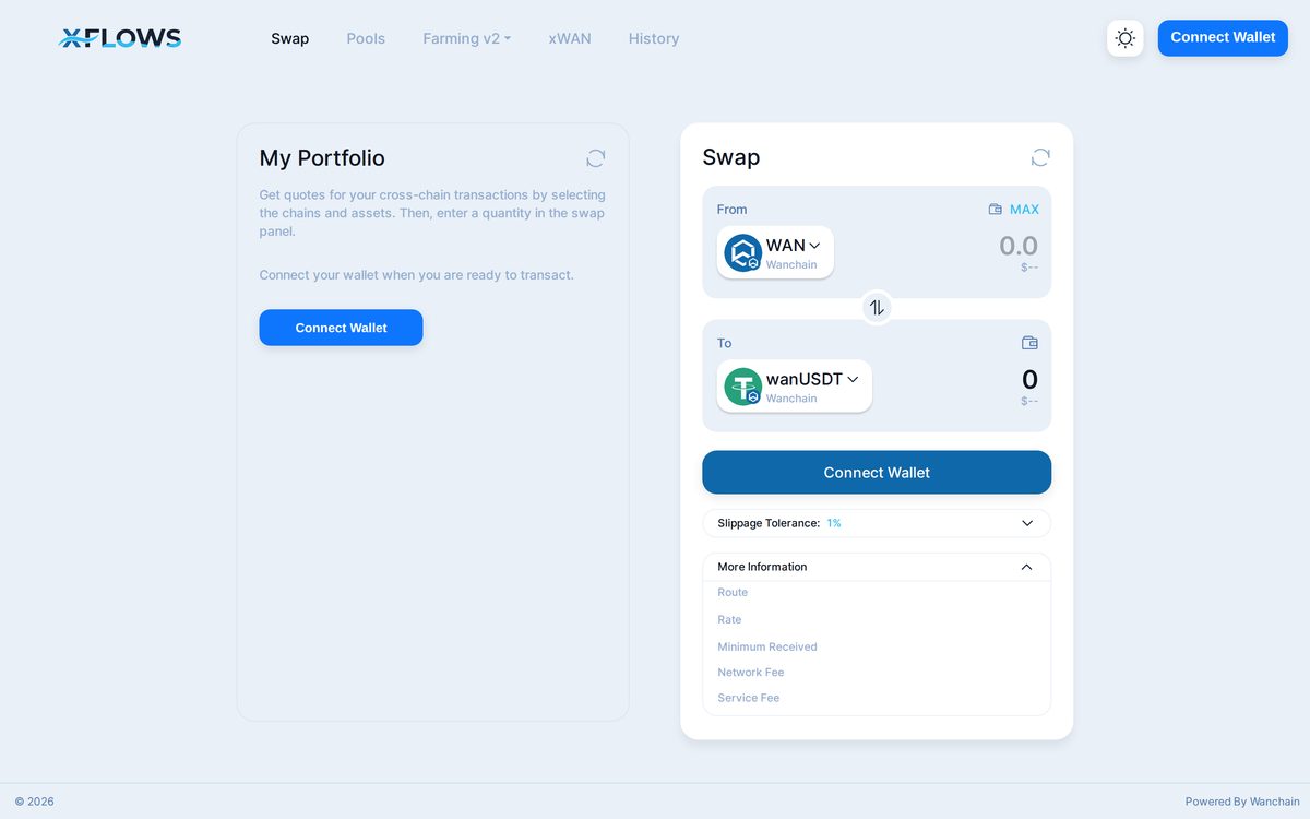 Screenshot of XFlows, cross chain swaps on Wanchain