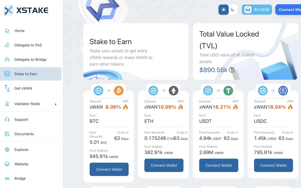 Screenshot of XStake, stake WAN and xWAN on Wanchain